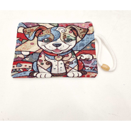 Τσαντάκι φάκελος υφαντό με μοτίφ σκυλάκι με φερμουάρ