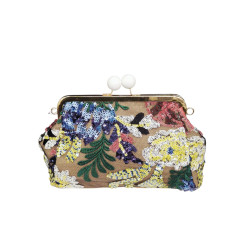 Τσάντα τύπου clutch κεντημένη με παγιέτες και ψάθα σε floral μοτίβο και αλυσίδα
