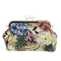 Τσάντα τύπου clutch κεντημένη με παγιέτες και ψάθα σε floral μοτίβο και αλυσίδα