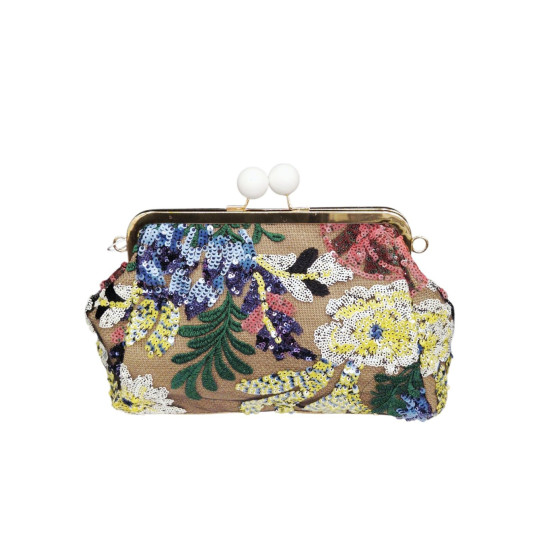 Τσάντα τύπου clutch κεντημένη με παγιέτες και ψάθα σε floral μοτίβο και αλυσίδα
