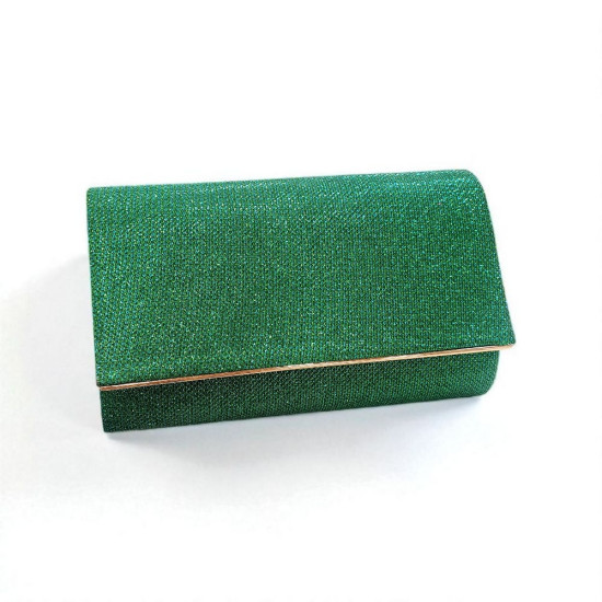 Τσαντάκι φάκελος πράσινος απο ΄ύφασμα με glitter & λεπτομέρεια minimal σε χρυσό και αλυσιδάκι 