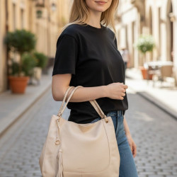 Τσάντα ώμου μπεζ σουέτ με δέρμα
