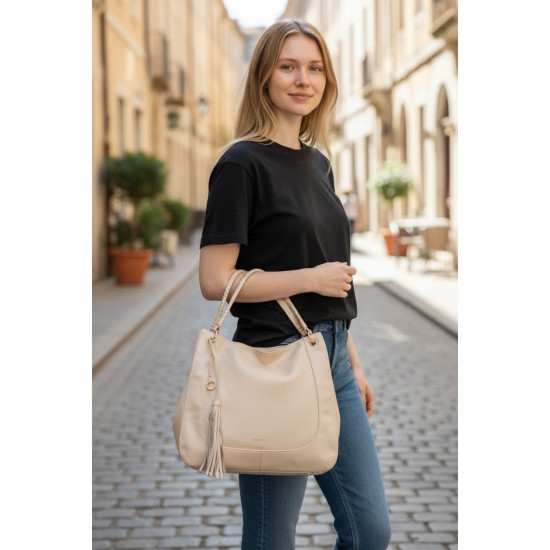 Τσάντα ώμου μπεζ σουέτ με δέρμα