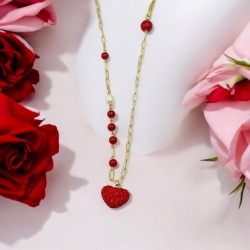 Diaxeirinis "Be My Valentine" Κολιέ μακρύ με αλυσίδα και κοκκινες πέτρες με glitter καρδούλα κόκκινη 