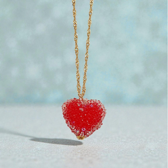Diaxeirinis "Be My Valentine" Κολιέ καρδιά κόκκινη ζαχαρωτό με ατσάλινη αλυσίδα L316 σε χρυσό χρώμα