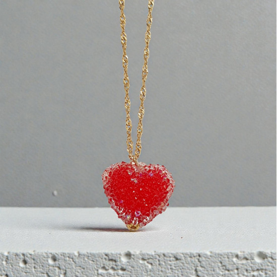 Diaxeirinis "Be My Valentine" Κολιέ καρδιά κόκκινη ζαχαρωτό με ατσάλινη αλυσίδα L316 σε χρυσό χρώμα