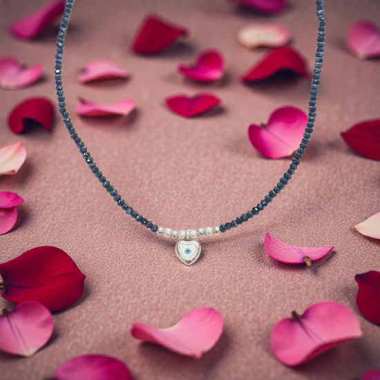 Diaxeirinis "Be My Valentine" Κολιέ χειροποίητο με καρδούλα με ματάκι, μαύρο κρύσταλλο και λεπτομέρειες ασημένιες