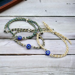 Βραχιόλι με Μάτι Murano Μπλε και Κορδόνι Τρίχρωμο σε Διάφορα Χρώματα Με Αυξομείωση 