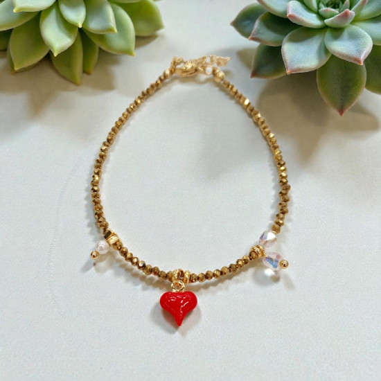 Βραχιόλι με καρδούλα με χρυσό αιματίτη και λεπτομέρεια μαργαριταράκια