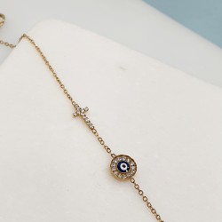 Bραχιόλι με δυο στοιχεία ματάκι  φίλντισι και σταυρό με  στρας από ατσάλι 316L σε χρυσό χρώμα και προέκταση στο κούμπωμα 