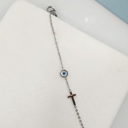 Βραχιόλι με σταυρό και ματάκι φίλντισι από ατσάλι 316L σε ασημένιο χρώμα και προέκταση στο κούμπωμα