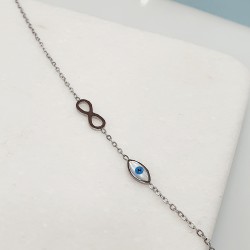 Βραχιόλι με άπειρο και  ματάκι φίλντισι από ατσάλι 316L σε ασημένιο χρώμα και προέκταση στο κούμπωμα