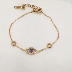 Βραχιόλι με ματάκι με ζιργκόν από ατσάλι 316L σε χρυσό χρώμα και προέκταση στο κούμπωμα