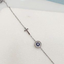 Βραχιόλι μάτι με ζιργκόν και σταυρό σε ασημένιο χρώμα από ατσάλι 316L και προέκταση στο κούμπωμα