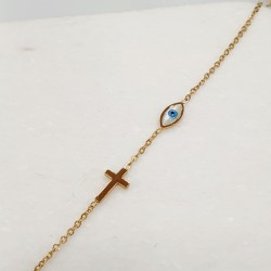 Βραχιόλι μάτι φίλντισι με σταυρό από ατσάλι 316L σε χρυσό χρώμα και προέκταση στο κούμπωμα 