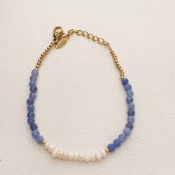 Βραχιόλι χειροποίητο με μαργαριταράκια και με πετρούλα λαπις σε χρυσό χρώμα από ατσάλι L316 