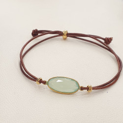 Βραχιόλι με πέτρα aqua marine με ασημένιο 925 επιχρυσωμένο καστόνι και δέρμα καφέ με αυξομείωση στο κούμπωμα