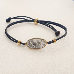 Βραχιόλι με πέτρα προστασίας με ασημένιο 925 επιχρυσωμένο καστόνι και δέρμα μαύρο με αυξομείωση στο κούμπωμα