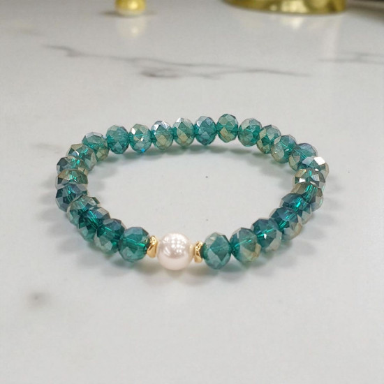 Βραχιόλι ελαστικό με κρύσταλλα πράσινο και μαργαριταράκι λευκό 