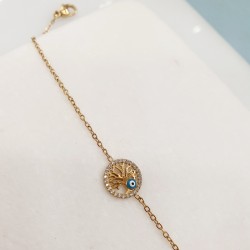 Βραχιόλι δέντρο της ζωής με ζιργκόν και ματάκι από ατσάλι 316L σε χρυσό χρώμα και προέκταση στο κούμπωμα