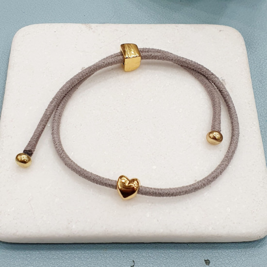 Βραχιόλι καρδιά ball δύο όψεων σε χρυσό χρώμα με κορδόνι σε χρώμα γκρι με αυξομείωση στο κούμπωμα 