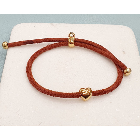 Βραχιόλι καρδιά ball δύο όψεων σε χρυσό χρώμα με κορδόνι σε χρώμα ταμπά με αυξομείωση στο κούμπωμα 